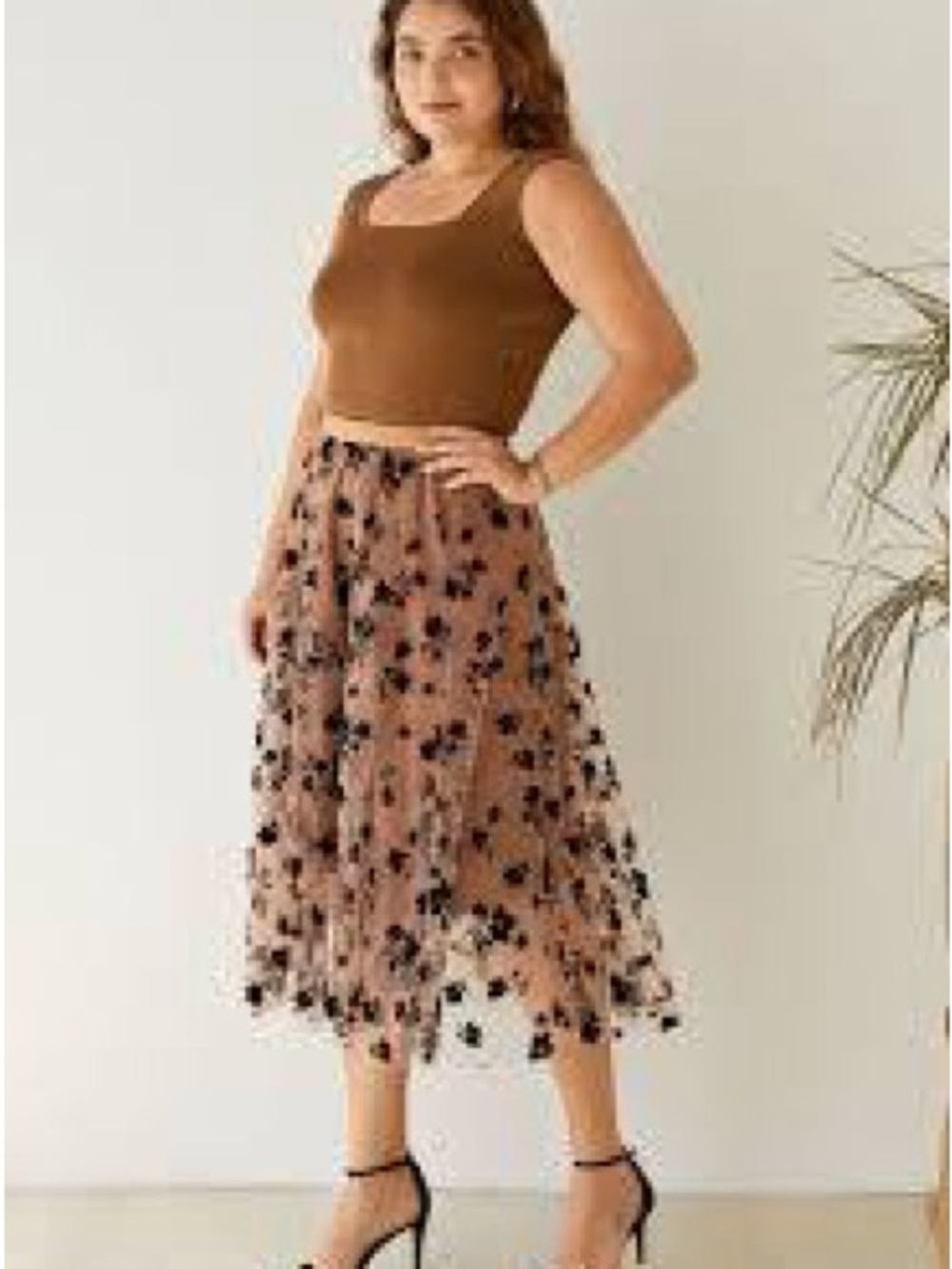 Chic Soul Brown Mesh Midi Skirt with Black Floral Appliqués